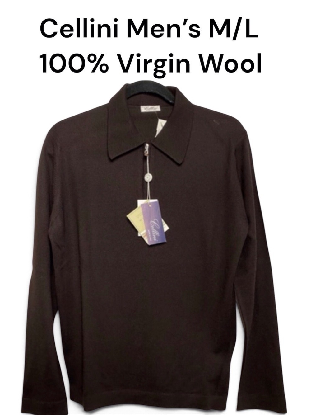 Cellini Sweater Brown 100% Virgin Wool Tennis Quarter Zip Men's Sz It 50 US M/L